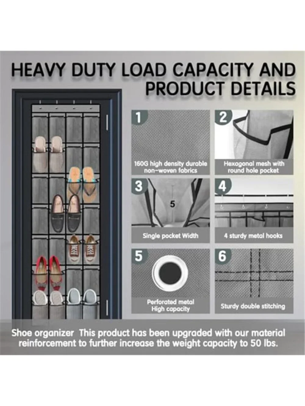 Over The Door Shoe Organizer 28 Pocket Hanging Shoe Rack Closet Storage Gray